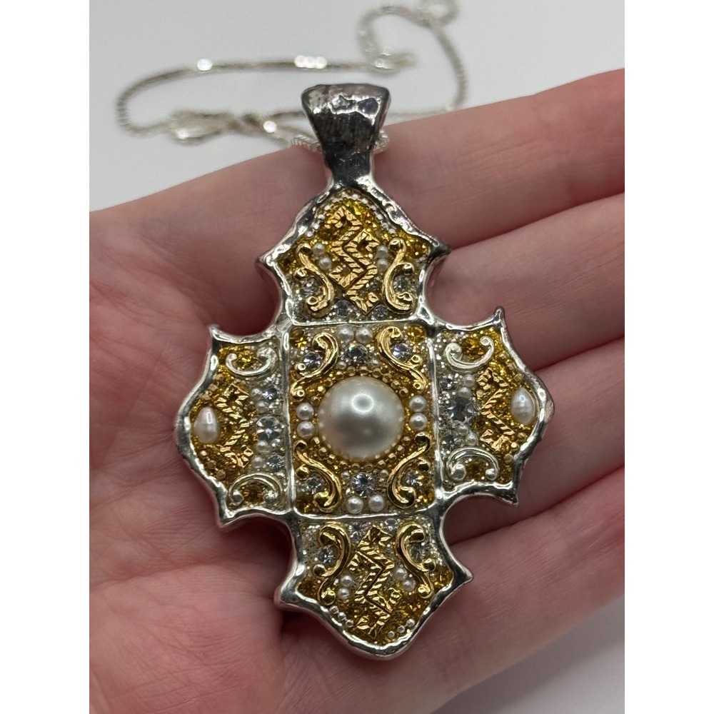 Orit Schatzman Rhinestone Sterling Silver Gold Tone Electroform Cross Pendant